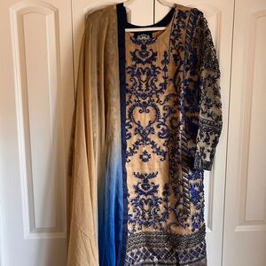 HSY by Hassan Shehreyar Yasin Gold Navy Blue Heavy Formal 3-Piece Size S